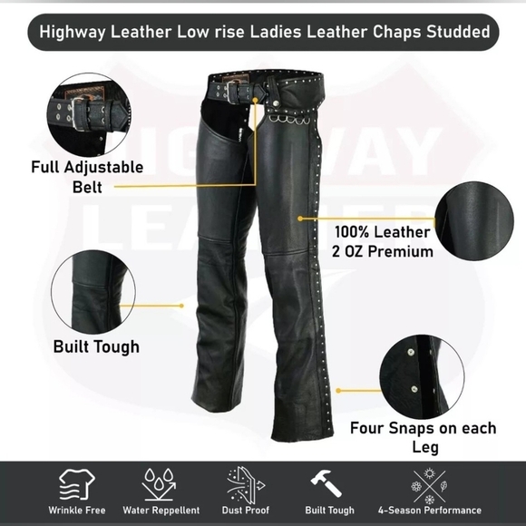 Highway Leather Black Low rise Motorcycle Leather Chaps Studded Biker Size M - Picture 17 of 17